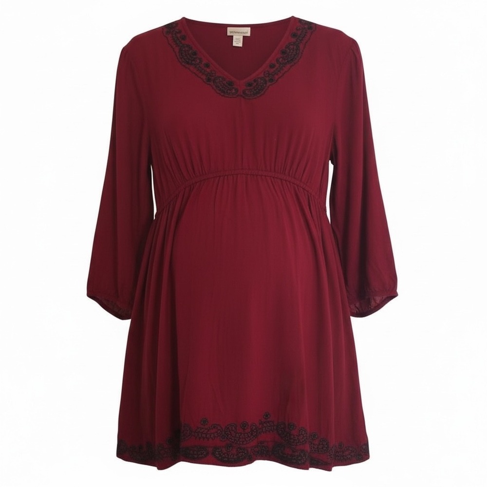 Motherhood Maternity Burgundy Embroidered V Neck Blouse‎ Tunic 3/4 Sleeve Size S